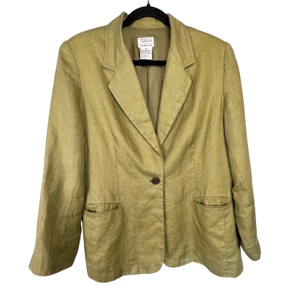 Talbots Irish Linen Olive Green Blazer Single Button Size 14P Career‎ Workwear